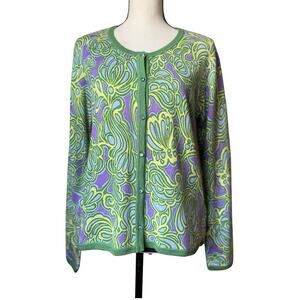 Sigrid Olsen Knit Cardigan Large Green Women's Purple Floral Silk Angora Beaded